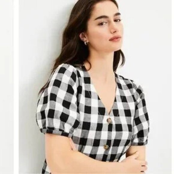LOFT Gingham Plaid Button Down Dress 6 Short Puff Sleeves Linen Black White - Picture 2 of 11